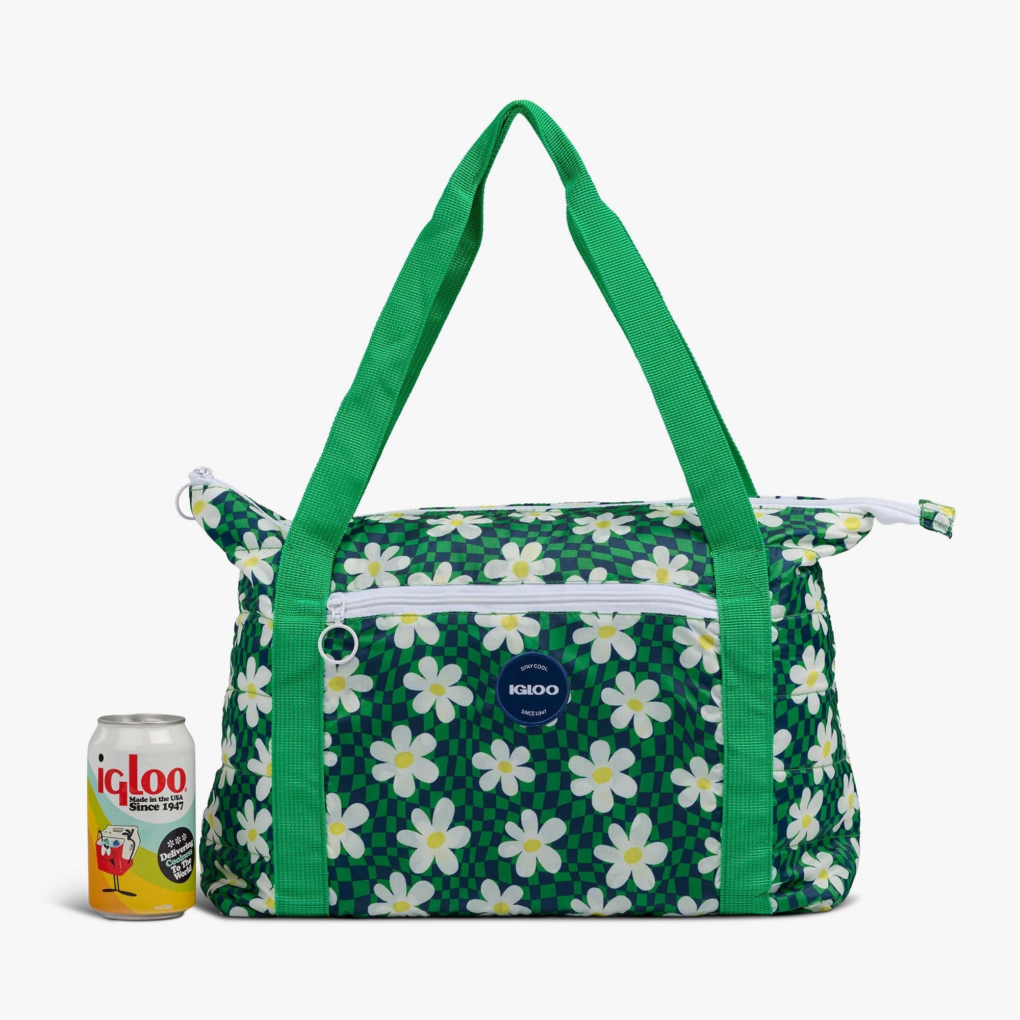 Retro Packable Puffer 20-Can Cooler Bag A9 - Psychedelic Daisy - Size View
